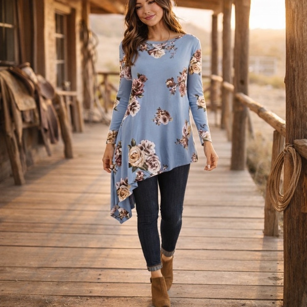 Agnes & Dora Cloud Blue Floral Asymmetrical Tunic Baby Suede Long Sleeve A-Line